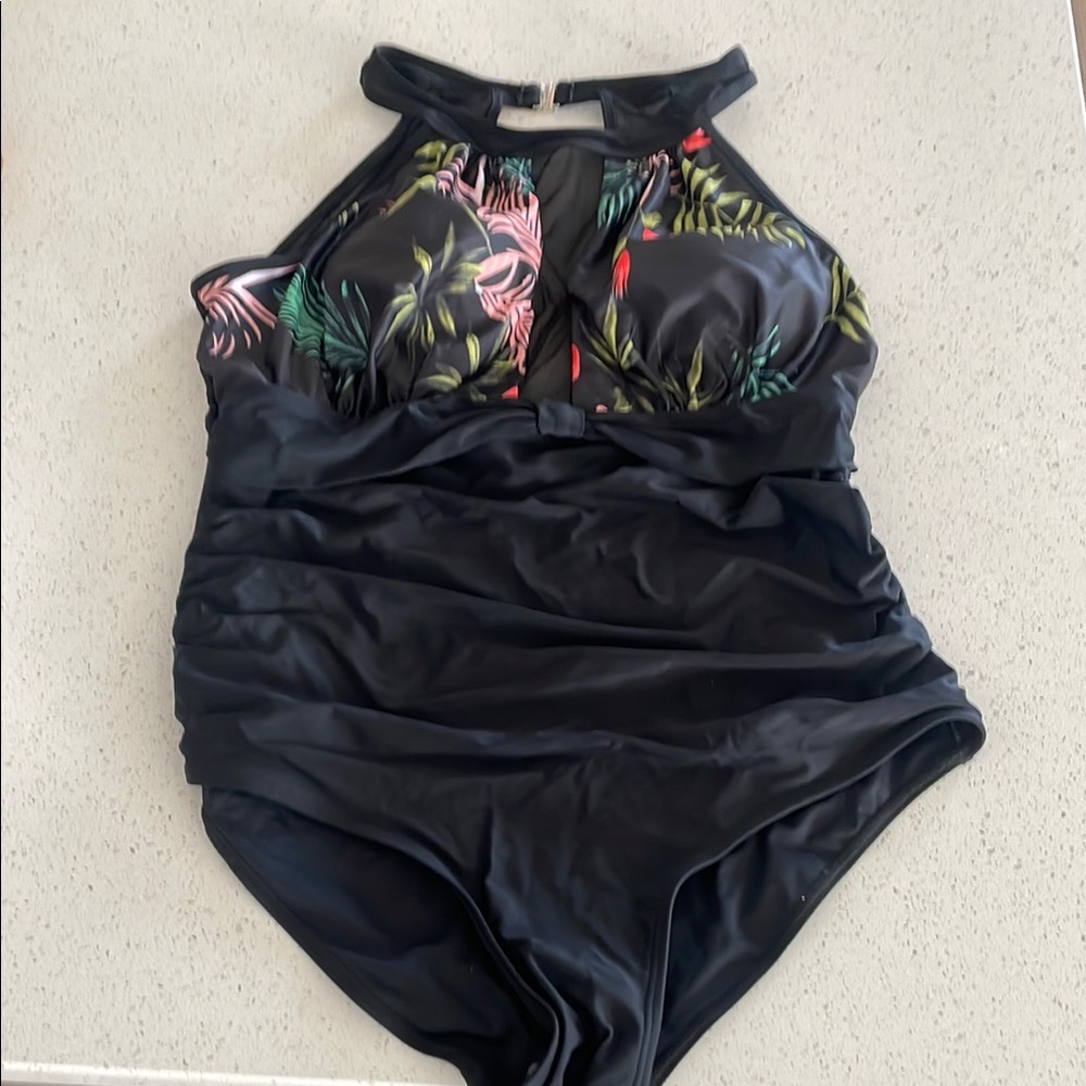 Black Floral Halter One-Piece Swimsuit